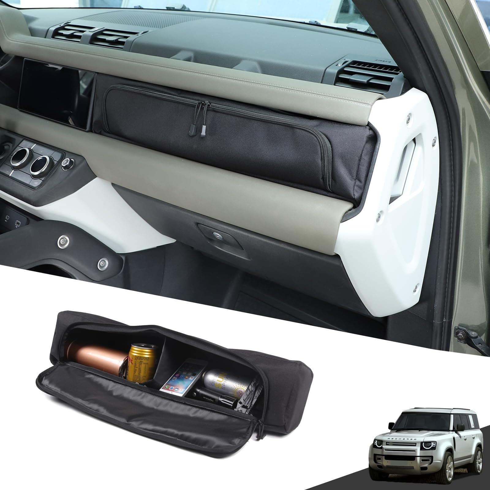 HIRUFAIT Auto-Aufbewahrungstasche, kompatibel mit Land Rover Defender 90, 110, 130, 2020–2025, für Beifahrer-Armaturenbrett, Zubehör, Oxford-Stoff, 1 Stück Angebot bei HelloDeals