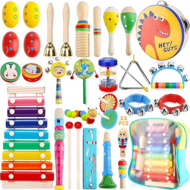 MZJAUVF 33Stück Musikinstrumente für Kinder, Musikinstrumente Musical Instruments Set, Holz Percussion Set, Xylophone für Kinders, Percussion Instrumente Kinders, Montessori Spielzeug ab 1 2 3 Jahre
