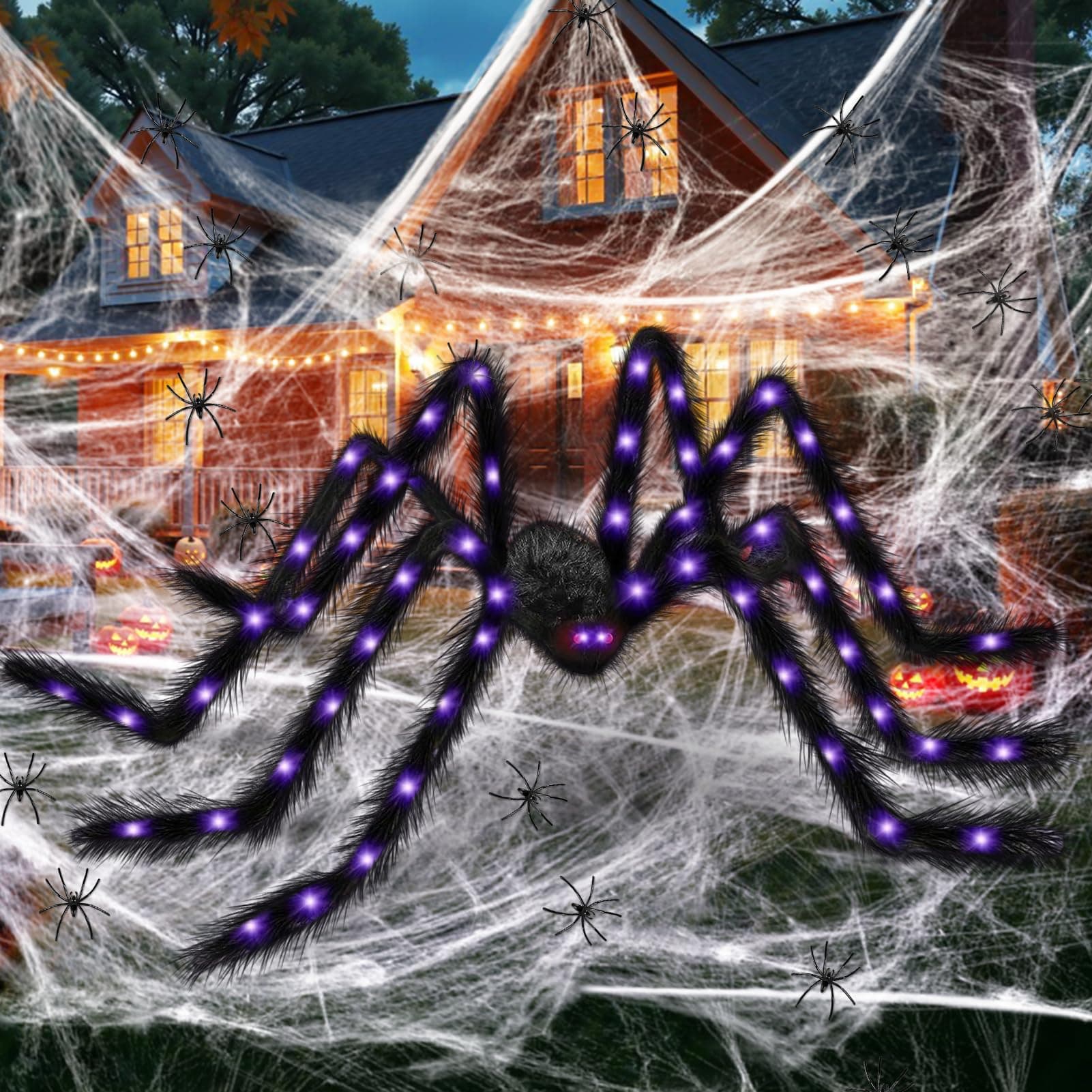 Halloween Deko Spinne 125cm mit LED,Mit Groß Spinnennetz & 20 Mini Spinnen, Gruselige Riesenspinne Außendeko mit violettem Licht für Garten, Outdoor & Halloween Party