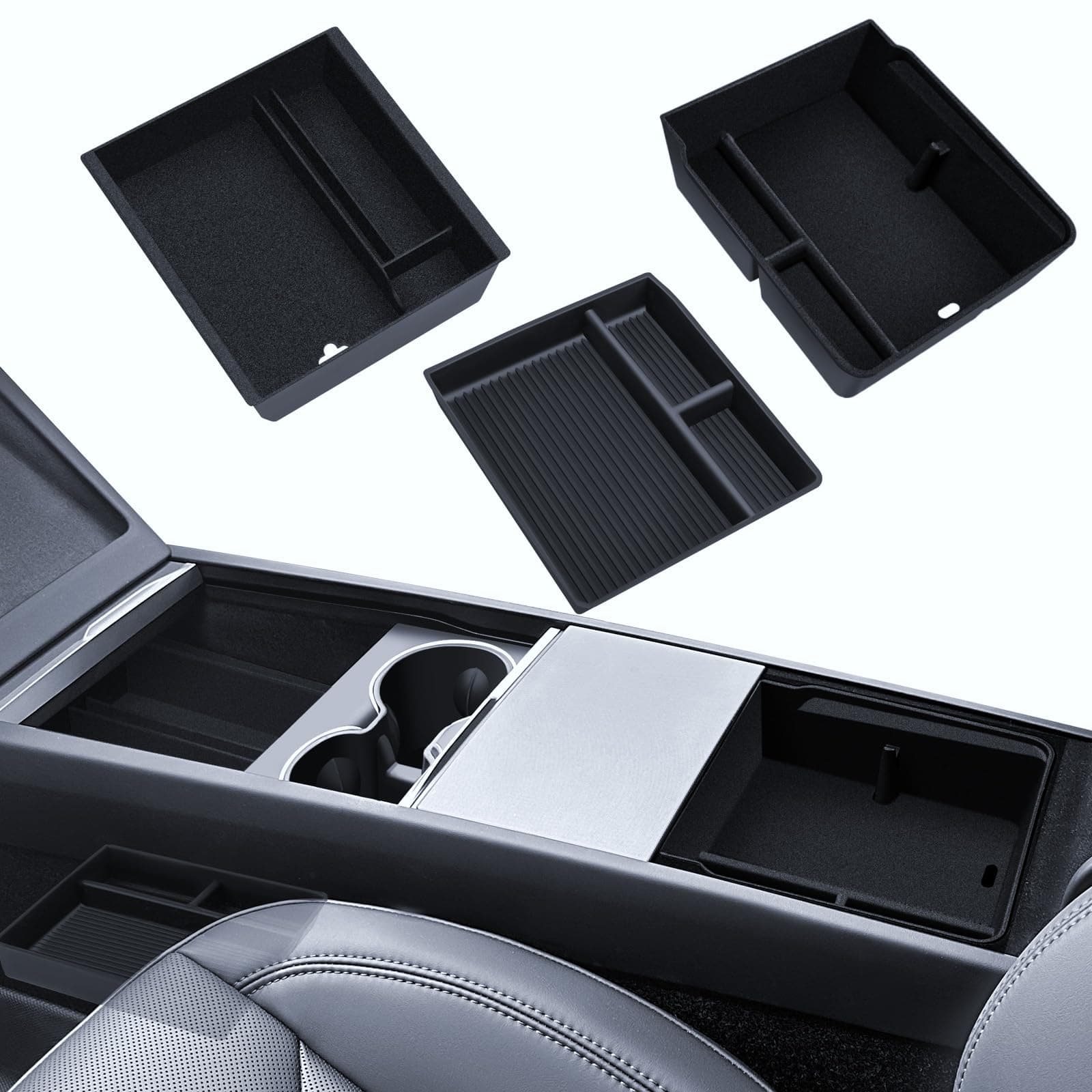 LANTU 3 Pcs Zubehör für Tesla Model 3 2024-2025 Mittelkonsole Organizer, Silikon Organizer Tray und Armlehne Aufbewahrungsbox (Beflockung) Flocking