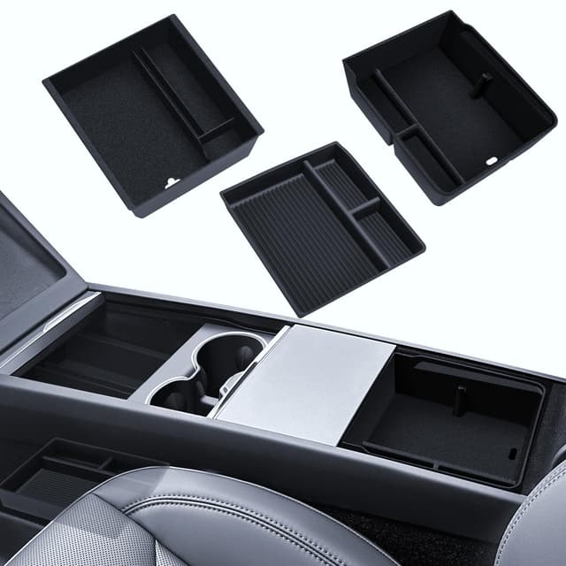 LANTU 3 Pcs Zubehör für Tesla Model 3 2024-2025 Mittelkonsole Organizer, Silikon Organizer Tray und Armlehne Aufbewahrungsbox (Beflockung) Flocking