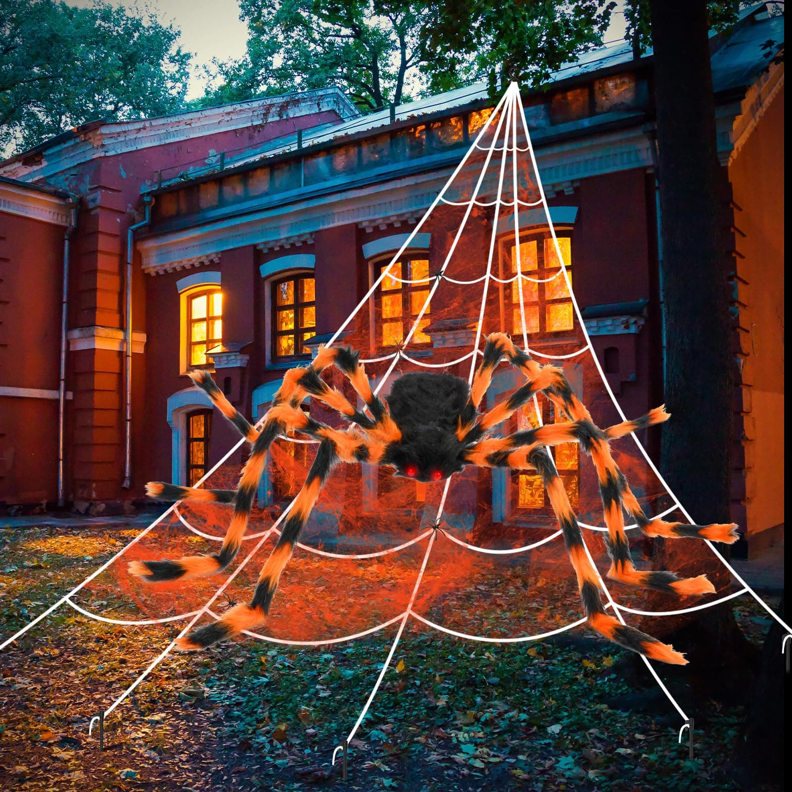 Halloween Deko Outdoor Set,Riesenspinne Dehnbare Spinnennetze für Innen/Außen, Garten,Tür Fenster Kamin Häuser Spukhaus&Partyzubehör-Schaurige Atmosphäre für Ihre Feier