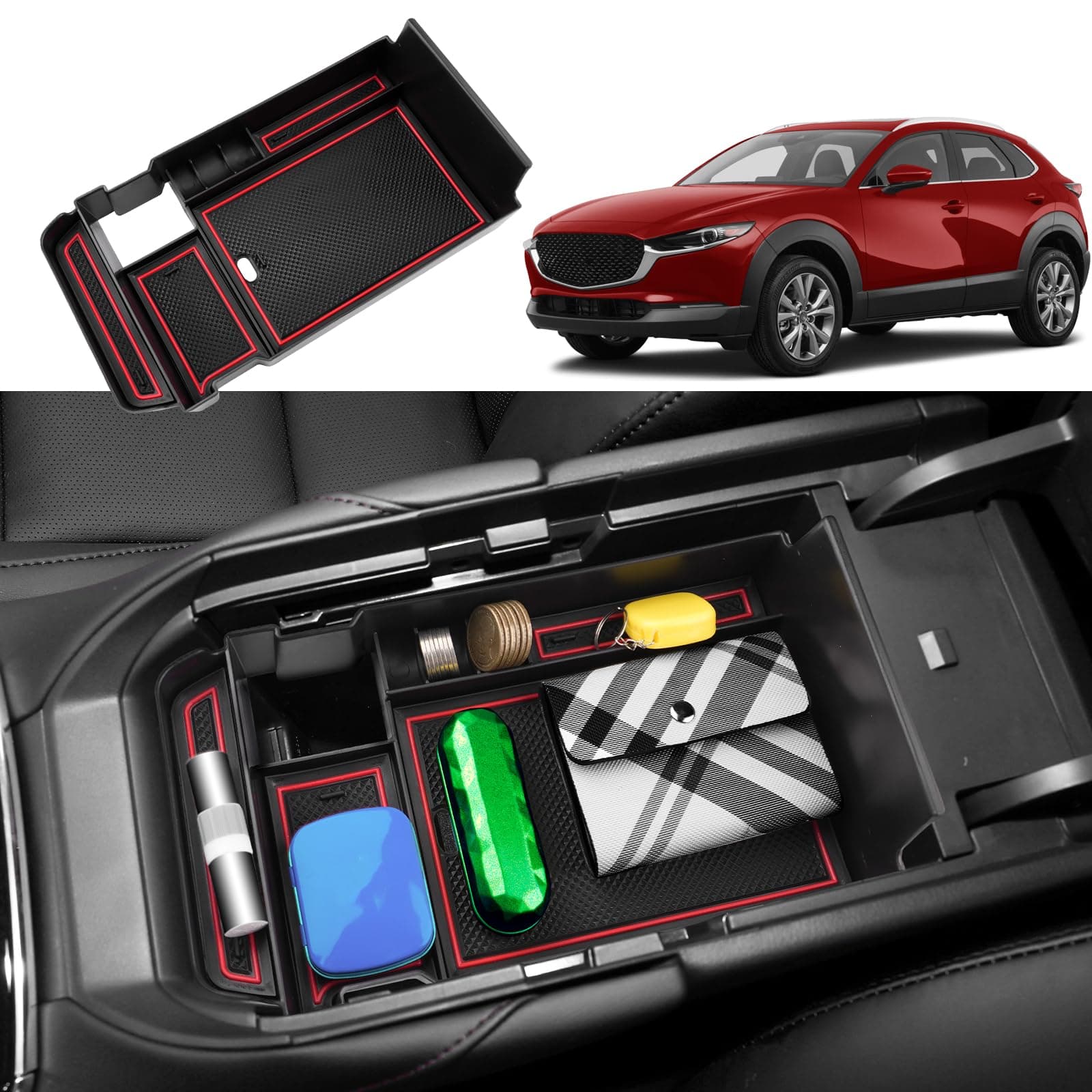 Coleya Mittelkonsole Aufbewahrungsbox Kompatibel mit Mazda CX-30 2019-2024, Mazda CX 30 Zubehör Armlehne Organizer, CX-30 Mittelarmlehne Handschuhfach Mit Rutschfestermatte (Rot) Für Mazda CX-30 Rot