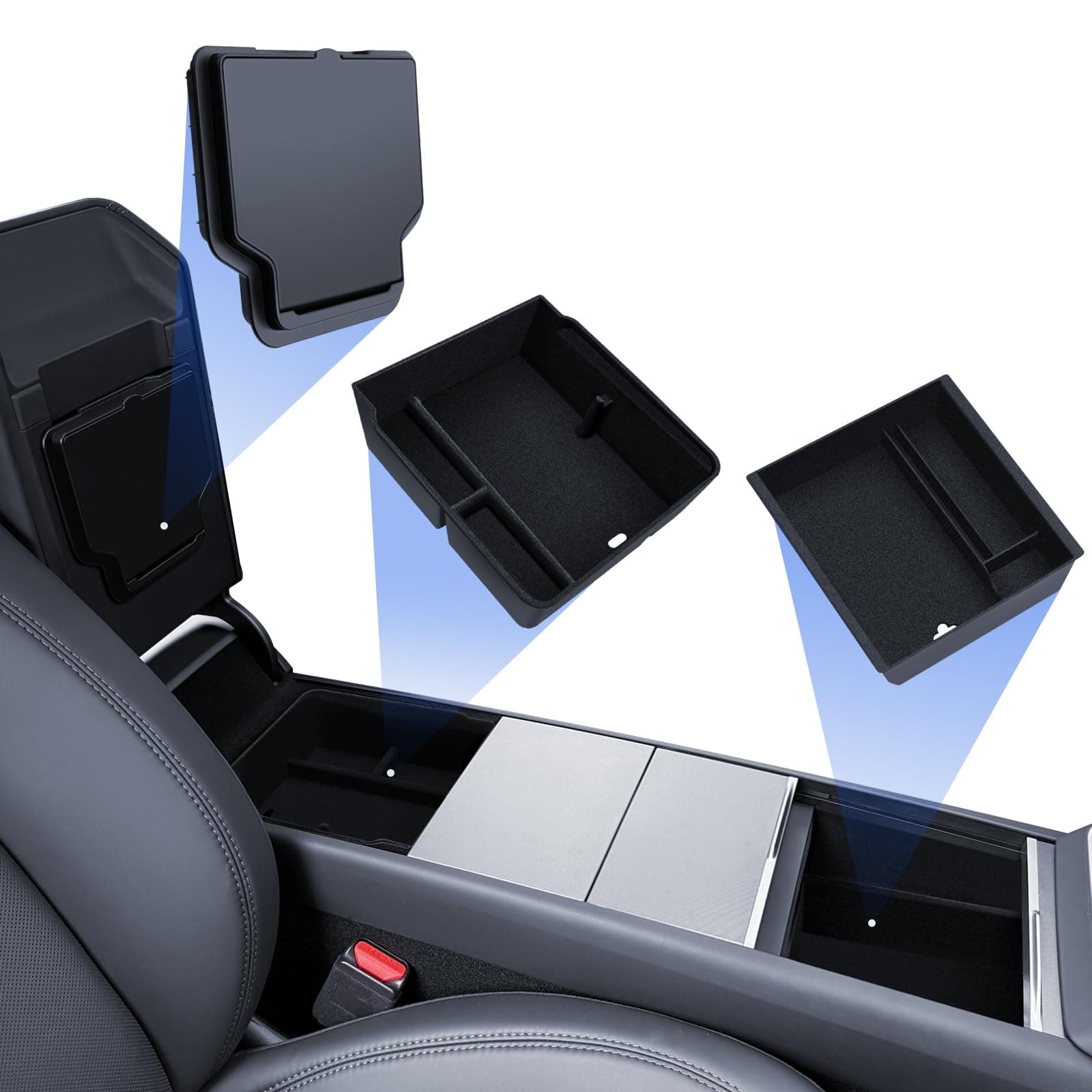 LANTU 3 Pcs Zubehör für Tesla Model Y 2025 Juniper Mittelkonsole Organizer, Armlehne Aufbewahrungsbox und Versteckte Box (Beflockung) Model Y 2021-2024