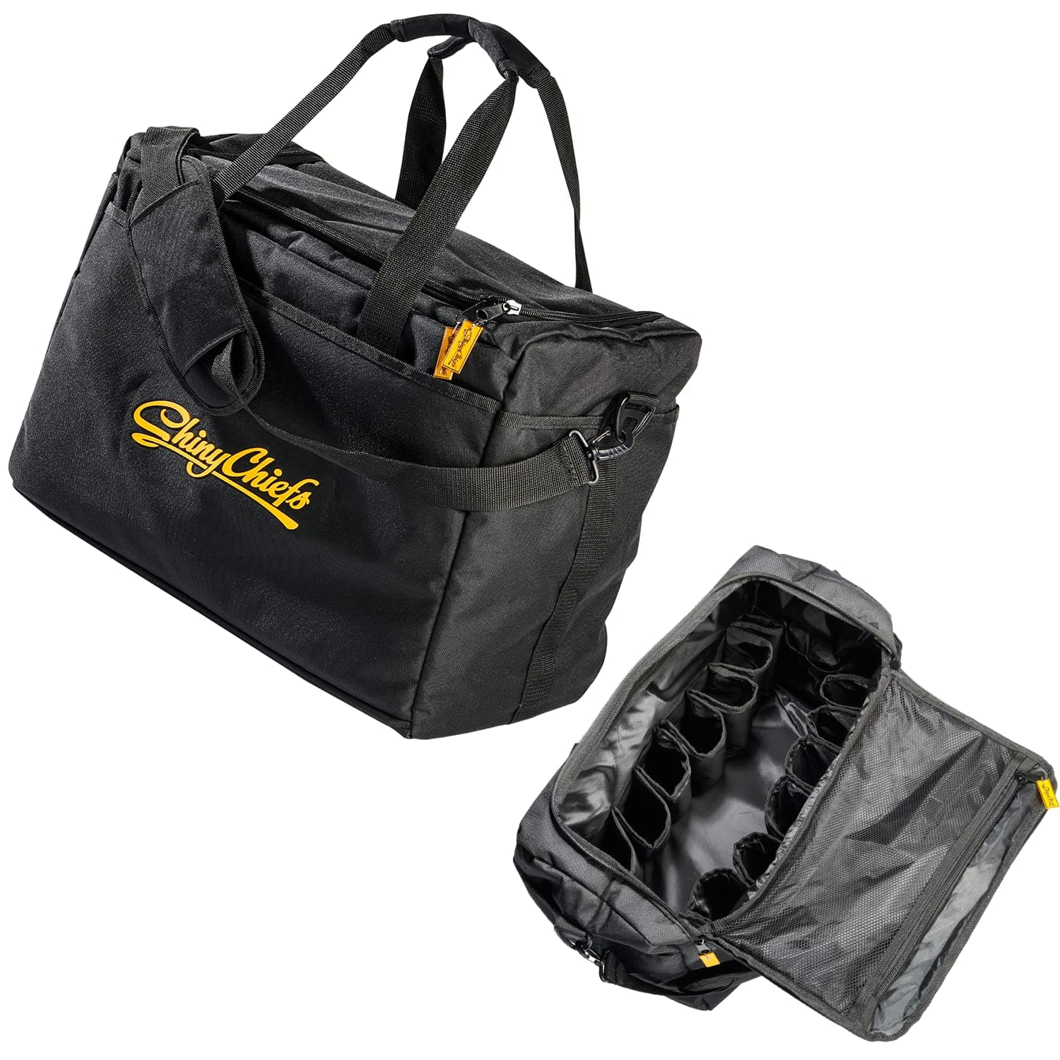 ShinyChiefs DETAILING BAG - Aufbewahrungstasche für Detailing Zubehör mit Platz für 15 Flaschen und Zubehör - Autoreiniger-Tasche aus spritzwassergeschütztem Oxford Stoff, 49x25x35 cm, schwarz