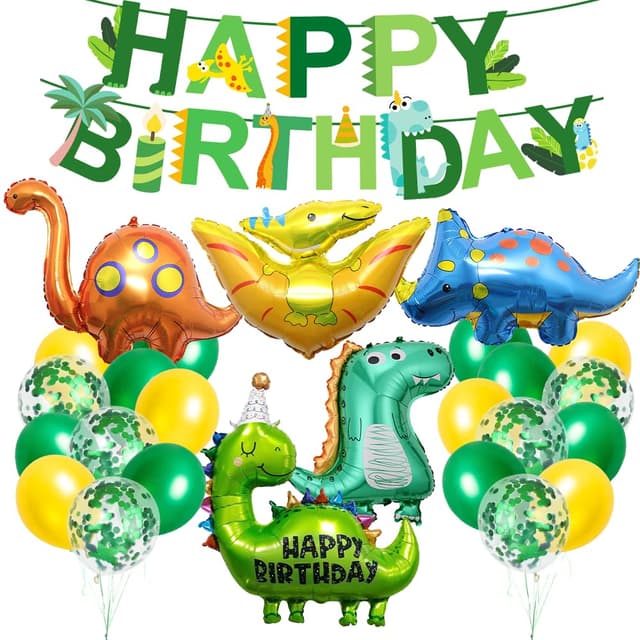 Dino Geburtstag Deko Set, XXL Dinosaurier Folienballons mit Happy Birthday Girlande, Dino Party Kindergeburtstag, Luftballons Grün Gelb für Dinosaurier Dschungel Party Geburtstag Dekoration Junge Dinosaurier Themen