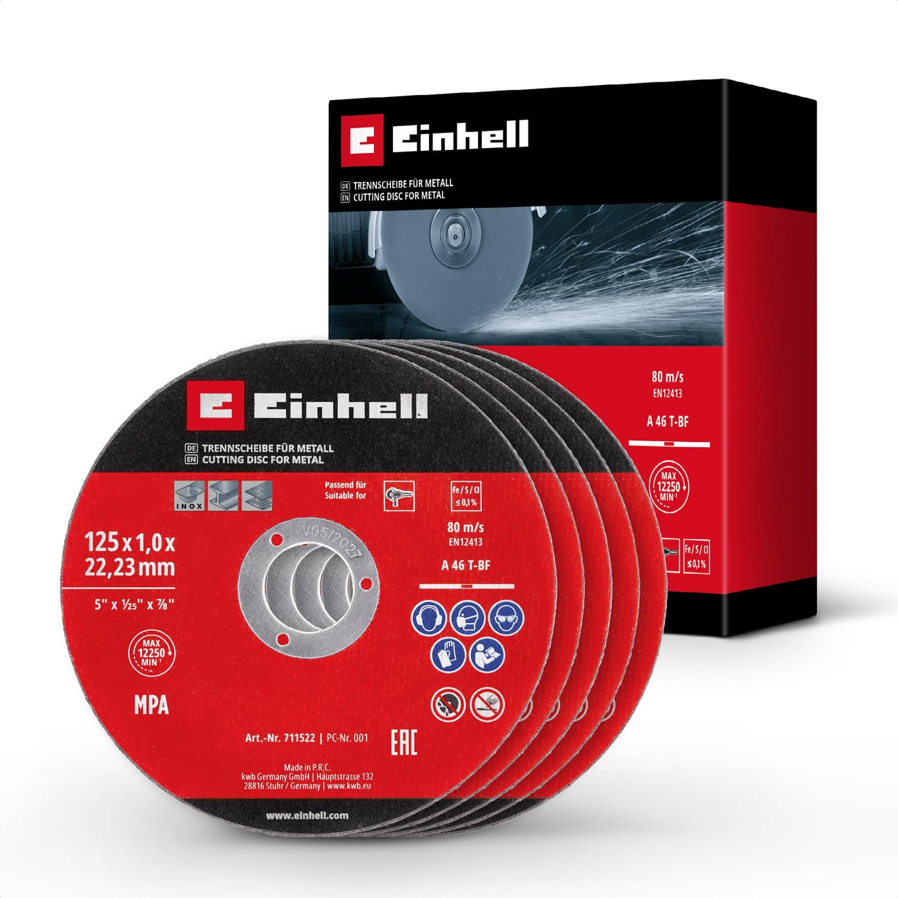 Original Einhell 5-tlg. Dünntrennscheiben-Set für Metall, Ø 125 mm (1 mm Stärke, MPA-zertifiziert, hohe Lebensdauer, präzise, gratarme Schnitte, für Winkelschleifer) 125 x 1,0 mm 5 Stk.