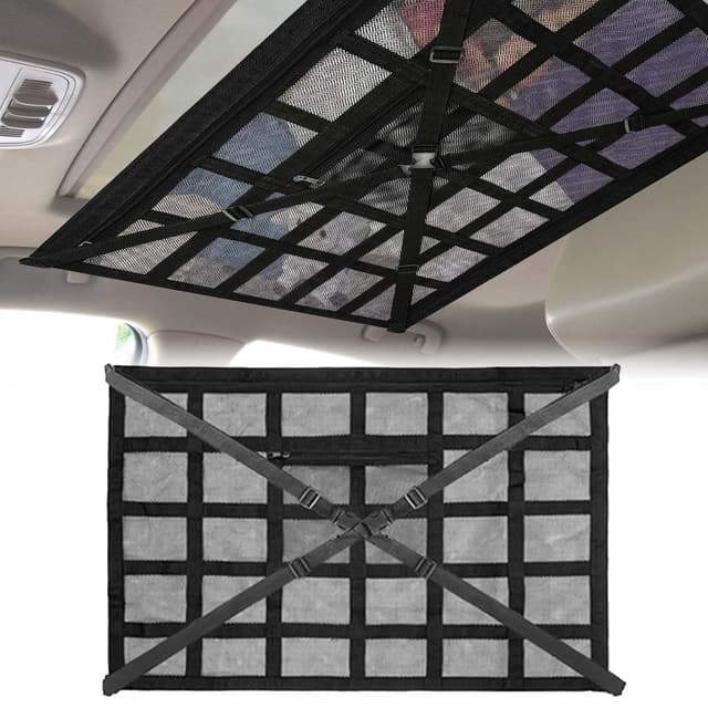 Gepäcknetz Auto, 78 × 53cm Universal Autodach Gepäcknetz Decke, mit Verstellbare Kreuzgurte, Unabhängige Reißverschlusstaschen, Doppellagiges Polyester Autodach-Gepäcknetz, Max 8kg, für SUV Van