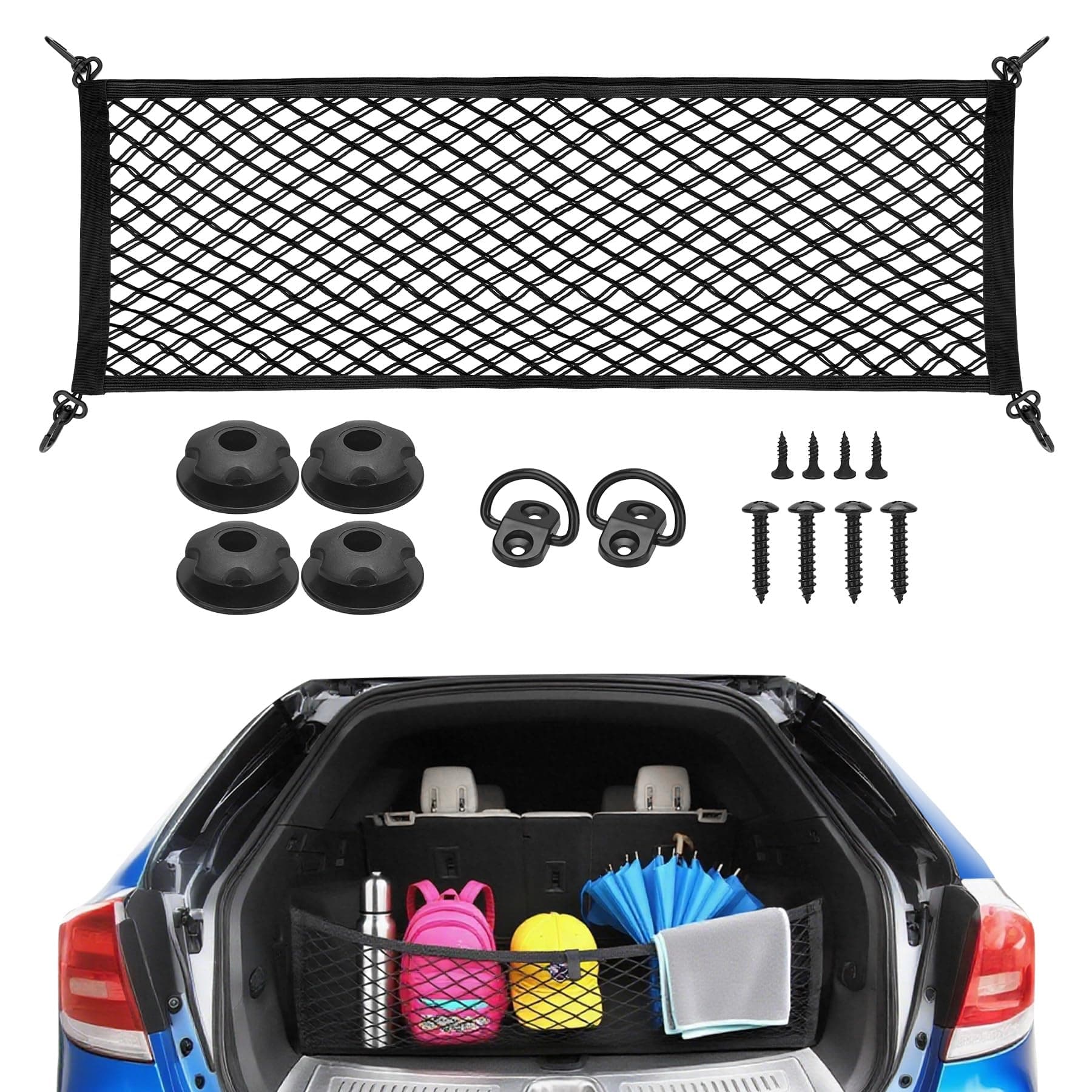 Fit4drive 90 x 30 cm Gepäcknetz Auto Kofferraumnetz für Auto Ladungssicherung, Kofferraum Netz Gepäck Organizer die Aufbewahrung von Ladung, Kleinwaren, Werkzeugen im Stamm von SUVs, Limousinen, Trans