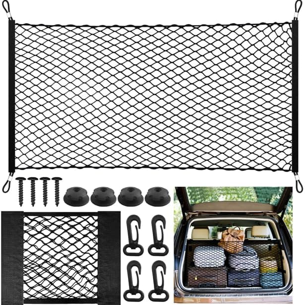 HavaCue Gepäcknetz Auto, 110 X 60cm Kofferraum Netz Erstreckt Sich auf 140 X 100cm mit 30 X 25cm Kofferraum Netztasche, Gepäcknetz Wohnmobil mit 4 Kofferraumnetz Stahlkarabiner+4 ABS Haken