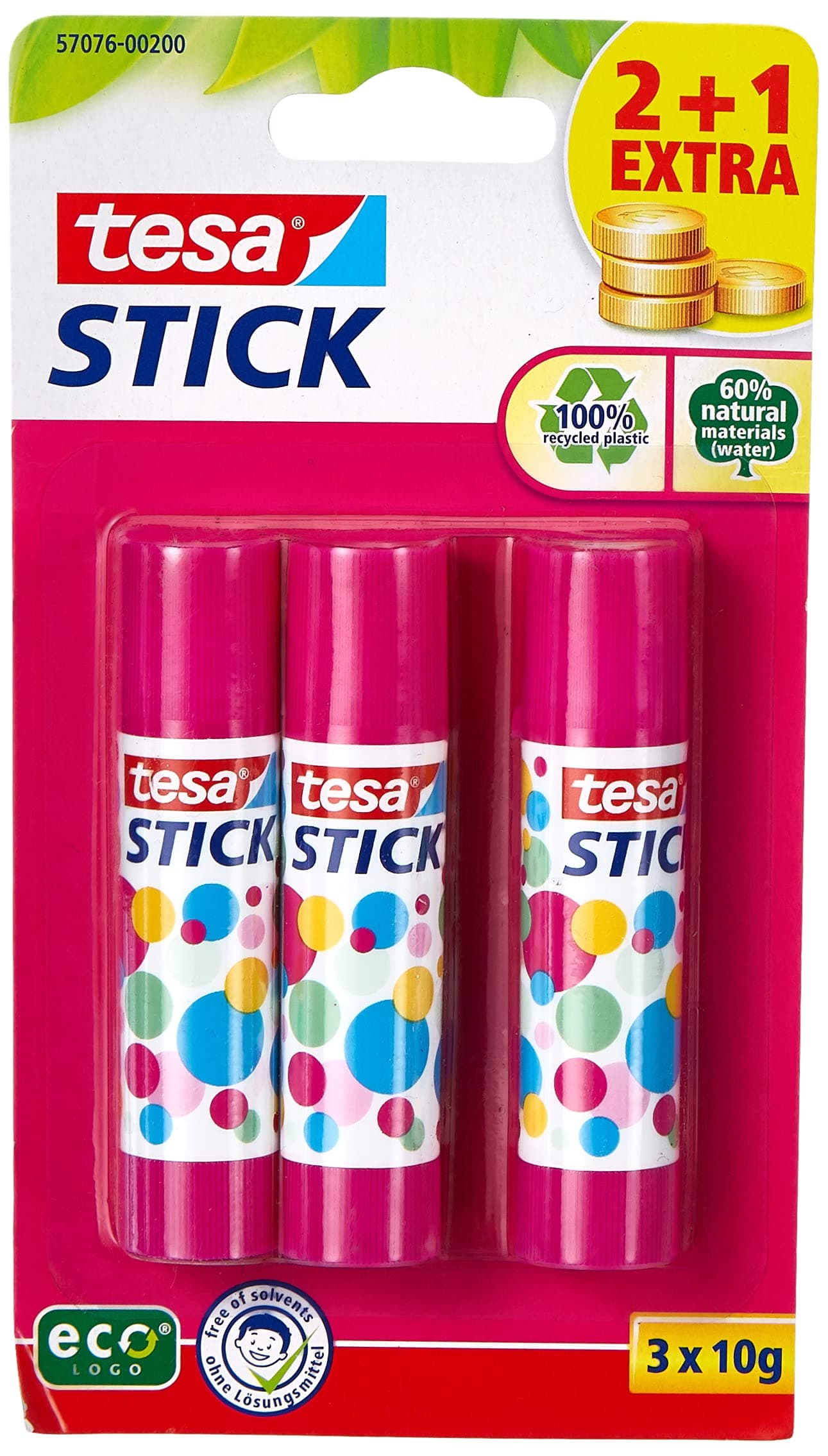 tesa Stick ecoLogo - Geruchsneutraler Klebestift für Papier und Pappe - Lösungsmittelfrei und Umweltschonend - 3 x 10 g rund 3 x 10 g pink