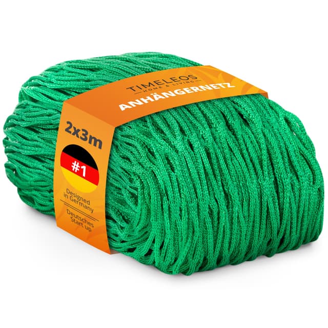 TIMELEOS Anhängernetz 2x3m Grün – Robustes Gepäcknetz für PKW-Anhänger – Feinmaschiges Sicherungsnetz mit Gummizug – Abdecknetz für Handwerker, BAU & Private Transporte