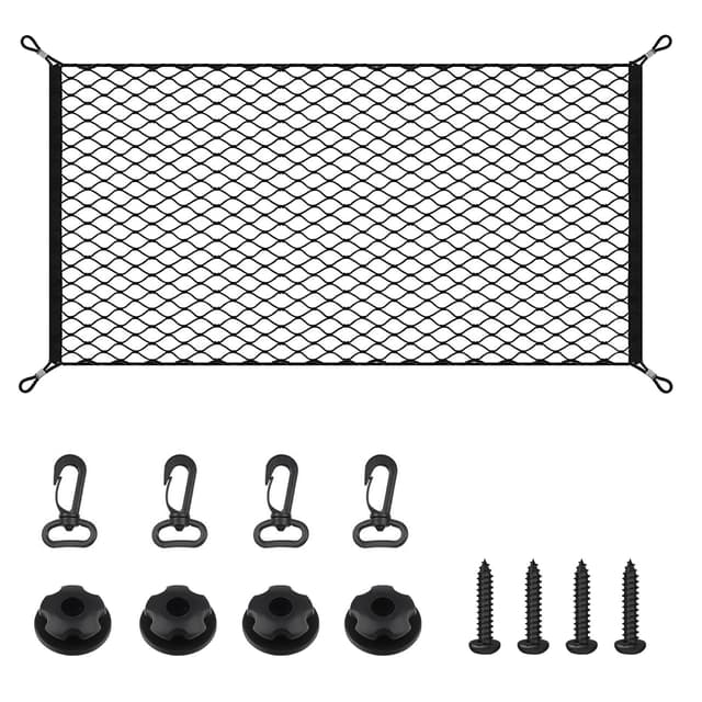 RUGLAMZHIP Gepäcknetz Auto Kofferraum Netz, 110 x 60 cm Kofferraumnetz, Elastisch Gepäcknetz Wohnmobil, Elastisches Gepäckfixierung Spannnetz Trennnetz mit 4 Haken für Meisten Fahrzeugtypen Cargo