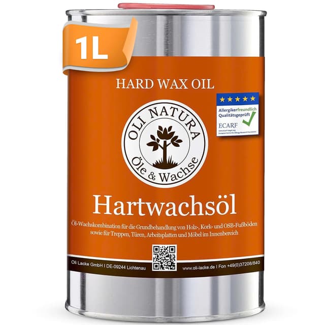 OLI-NATURA Hartwachsöl - 1L, farblos, natur - Holzöl für Möbel, Treppen, Türen & mehr - geprüft Allergikerfreundlich, lebensmittelecht-zertifiziert 1 l (1er Pack) Single