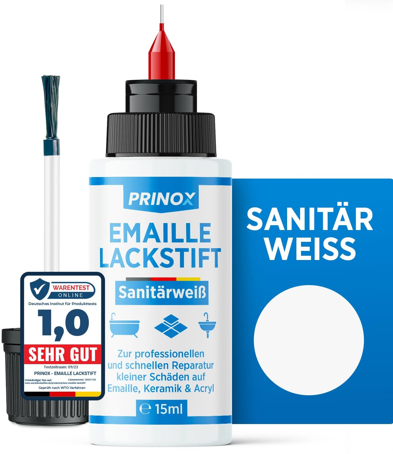 Prinox Emaille Lackstift zur professionellen Reparatur von kleinen Schäden auf Emaille,Fliesen,Keramik und Acryl -Wasserfest Bad & Sanitär Lack als Fugenstift, Reparatur für Waschbecken & Fliesen 1
