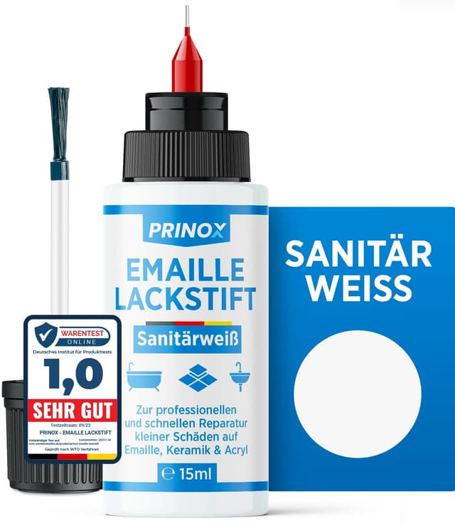 Prinox Emaille Lackstift zur professionellen Reparatur von kleinen Schäden auf Emaille,Fliesen,Keramik und Acryl -Wasserfest Bad & Sanitär Lack als Fugenstift, Reparatur für Waschbecken & Fliesen 1