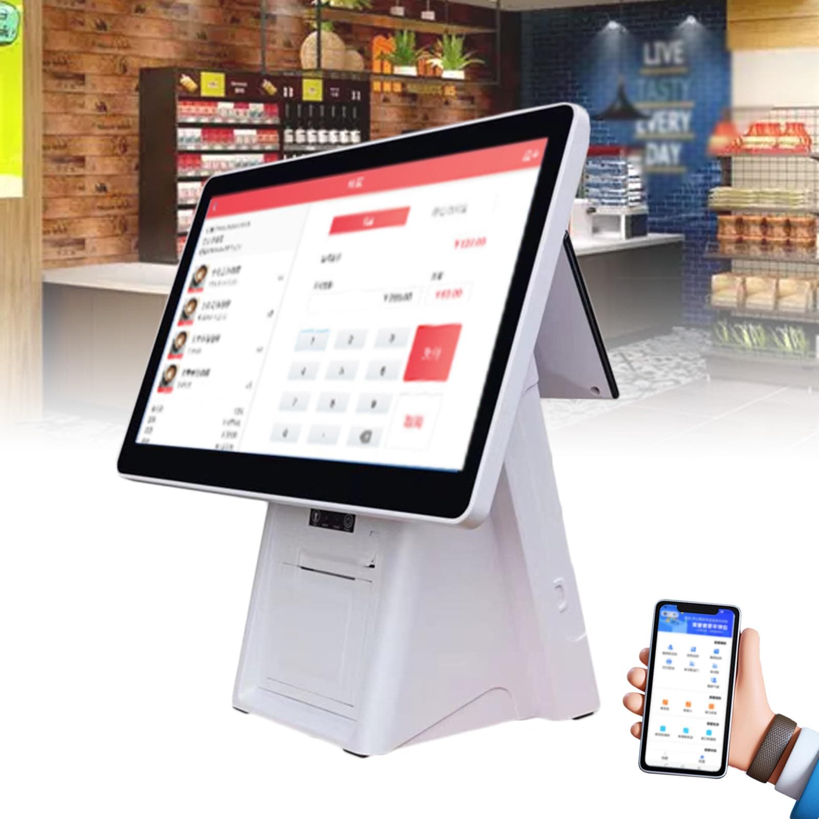 Kassen-POS (15,6 Zoll), Touchscreen-Kasse, Schnellkasse (eingebauter Ticketautomat), Auflösung 1366 × 768/4 GB RAM + 64 GB SSD, Für Einzelhandel/Restaurant,Dualscreen