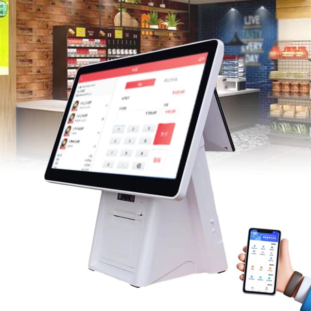 Kassen-POS (15,6 Zoll), Touchscreen-Kasse, Schnellkasse (eingebauter Ticketautomat), Auflösung 1366 × 768/4 GB RAM + 64 GB SSD, Für Einzelhandel/Restaurant,Dualscreen