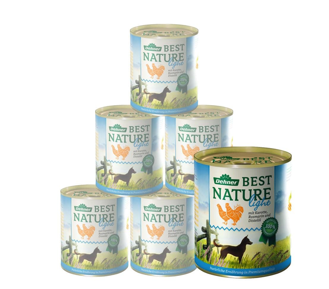 Dehner Best Nature Hundefutter Light, Nassfutter fettreduziert, für übergewichtige Hunde, Huhn / Karotte , 6 x 400 g Dose (2.4 kg) Light Huhn und Karotten mit Distelöl 400 ml (6er Pack)
