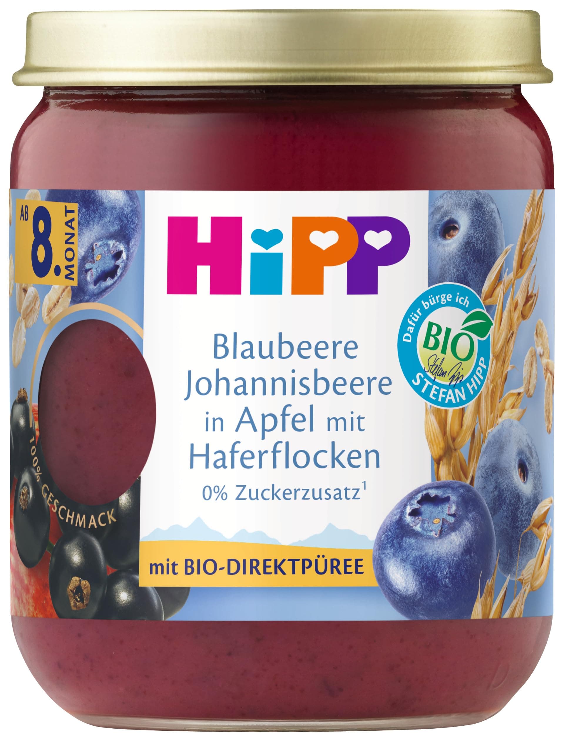 HiPP Bio Frucht und Getreide Blaubeere Johannisbeere in Apfel mit Haferflocken, 6er Pack (6x160g) 160g Blaub./Haferf.