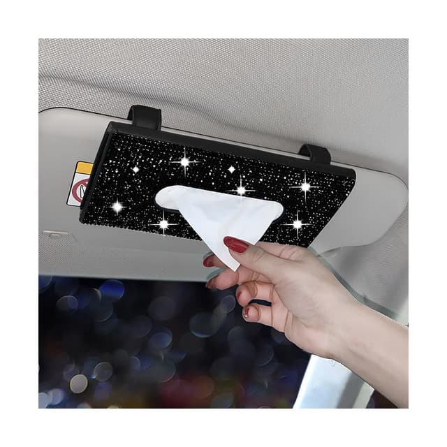 JNNJ Bling Auto Tissue Holder Halter, Auto Taschentuchbox Glitzer, Bling Taschentuchbox für Sonnenblende, Crystal PU Leather Car Sun Visor Cosmetic Tissue Box(Schwarz)