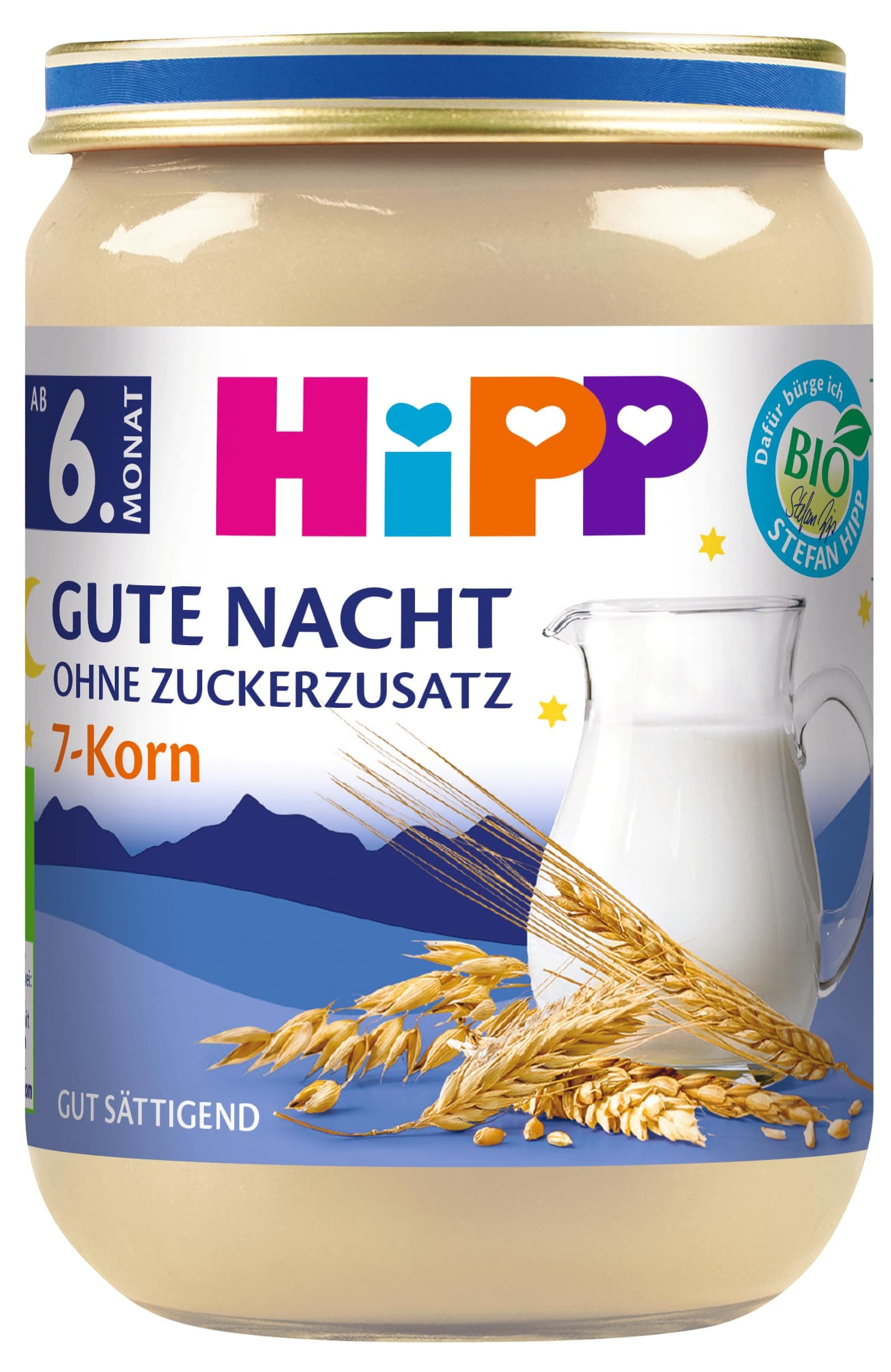 HiPP Bio Gute Nacht 7-Korn (6 x 190g), Babybrei ab 6. Monat, ohne Zuckerzusatz, gut sättigend, in bester Bio-Qualität