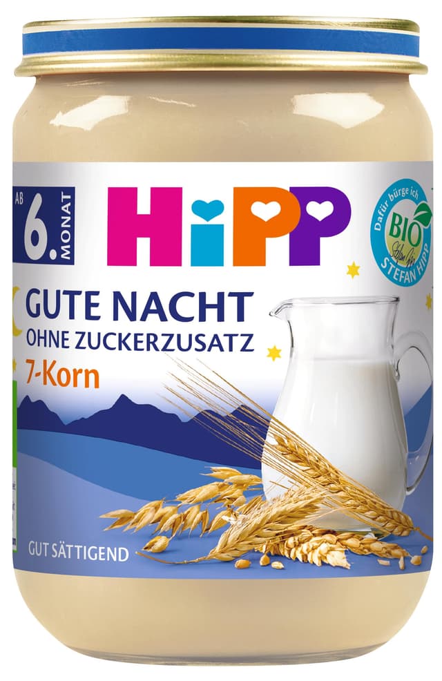 HiPP Bio Gute Nacht 7-Korn (6 x 190g), Babybrei ab 6. Monat, ohne Zuckerzusatz, gut sättigend, in bester Bio-Qualität