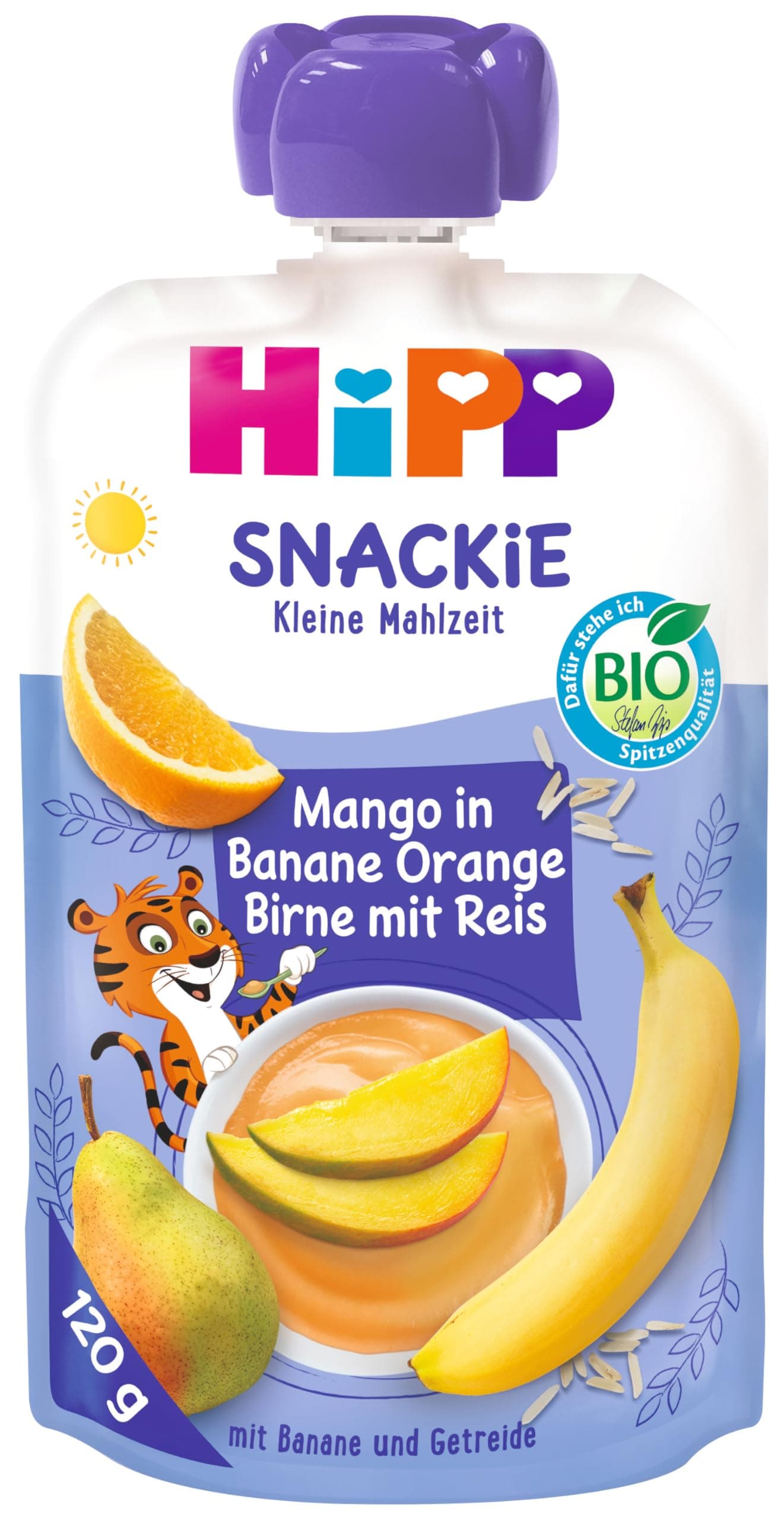 HiPP Bio Snackie Mango in Banane-Orange-Birne mit Reis - Thilo Tiger, (6 x 120g), liefert Energie für Sport und Bewegung, ab 1 Jahr, vegan, in bester Bio-Qualität 120 g (6er Pack) Mango-Banane/Reis Angebot bei HelloDeals