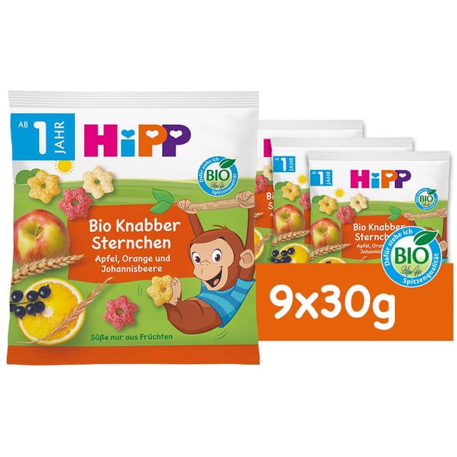 HiPP Bio für Kinder Knabberprodukte Knabber Sternchen mit Apfel, Orange und Johannisbeere, 9er Pack (9 x 30g) 30g (9er Pack) Sternchen/Früchte