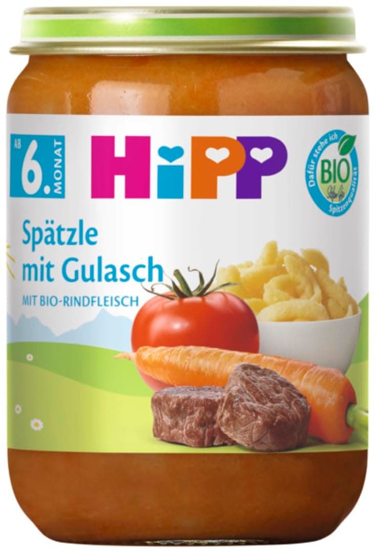 HiPP Spätzle mit Gulasch (6 x 190g), Menü ab 6. Monat, ohne Salzzusatz, mit Omega-3, in bester Bio-Qualität 1320 Gramm