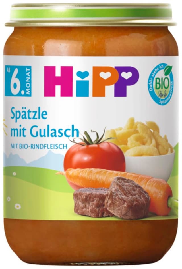 HiPP Spätzle mit Gulasch (6 x 190g), Menü ab 6. Monat, ohne Salzzusatz, mit Omega-3, in bester Bio-Qualität 1320 Gramm
