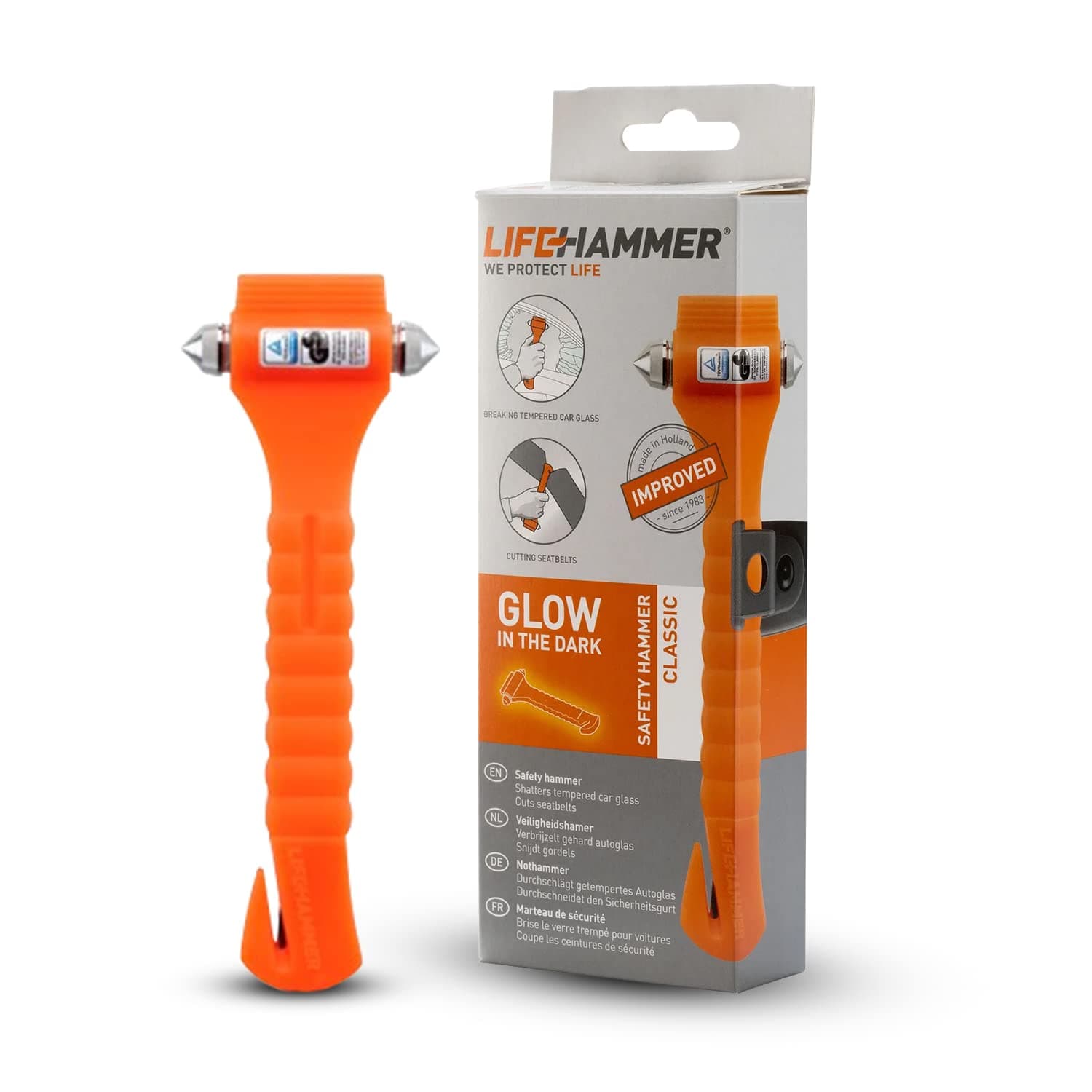 Lifehammer Marken-Notsicherheits-Hammer, das Original-Notfall-Rettungswerkzeug mit Gurtschneider, hergestellt in den Niederlanden, leuchtend orange.