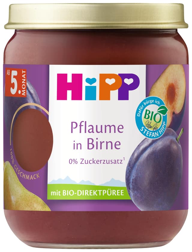 HiPP Bio Früchte Pflaume in Birne (6 x 160g), ab 5. Monat, ohne Zuckersatz, besonders intensiver Fruchtgeschmack, in bester Bio-Qualität. 160g Pflaume/Birne