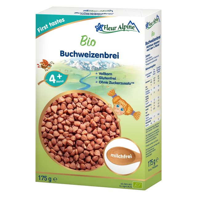 FLEUR ALPINE Bio Babybrei Buchweizen - Leckerer Frühstücksbrei | Nahrhaft und glutenfrei | einfache Zubereitung | Babynahrung 4+ Monate ohne Zuckerzusatz | 7 Portionen Buchweizen 175 g (1er Pack)