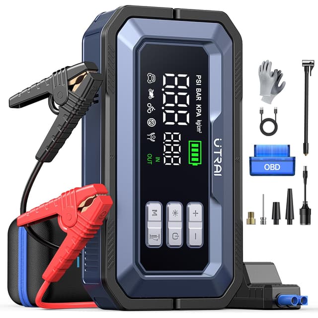 UTRAI Starthilfe Powerbank für Pkw mit Kompressor 7000A, Booster Auto Starthilfe Powerbank mit OBD-Scanner, 2000 Lumen LED, Jump Starter Powerbank mit DC 160W-Ausgang (All Benzin/12L Diesel)