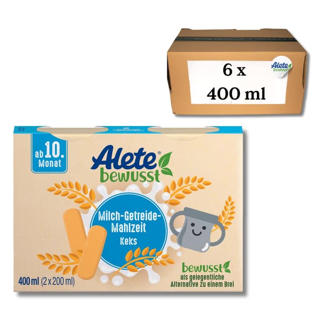 Alete bewusst Milch-Getreide-Mahlzeit Keks, ab dem 10. Monat, trinkfertige Babynahrung mit Keksmehl, praktischer Ersatz zu Babybrei, warm oder kalt trinken, 6 x 400 ml (2 x 200 ml) Keks 2400 ml (6er Pack)