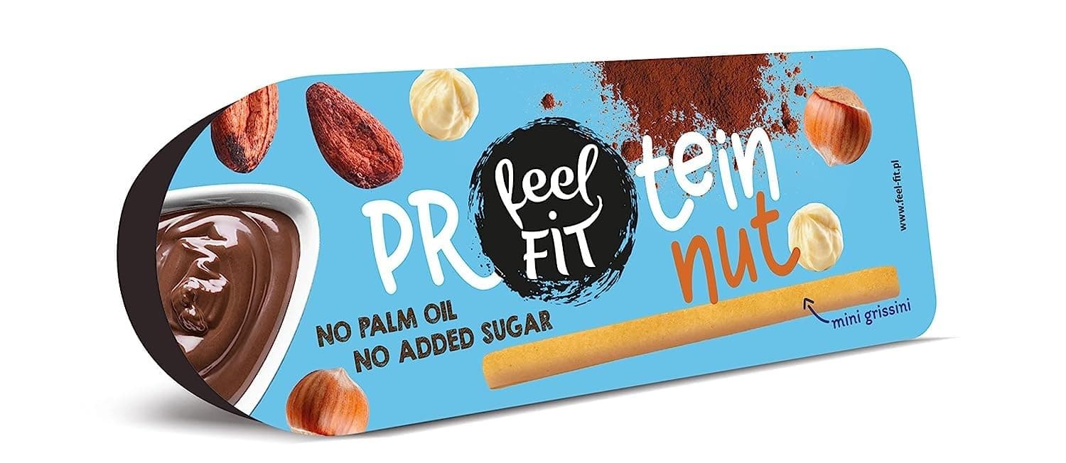 Feel FIT Protein nut & mini grissini, leckeren Haselnuss-Kakao-Creme und 7 knusprigen Brotsticks, Protein-Snack ohne Zuckerzusatz und ohne Palmöl 25 g Schokolade & Haselnüsse Snack Schokolade 25g