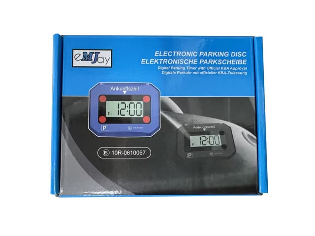 eMJay Digitale Parkuhr fürs Auto, elektronische Parkscheibe mit KBA-Zulassung, automatische Ankunftszeit, mit Display, inklusive Batterie und 3M Klebepads