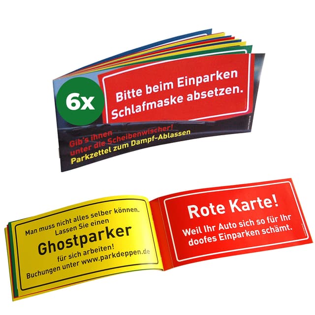 Inkognito Parkzettel zum Dampfablassen • 77080-6 • 6er-Set - Parkzettel je 12 Abreissblätter 20,7 x 9,5 cm • Künstler Sobunthier • Parkschein • Knöllchen 6 x Abreissheftchen