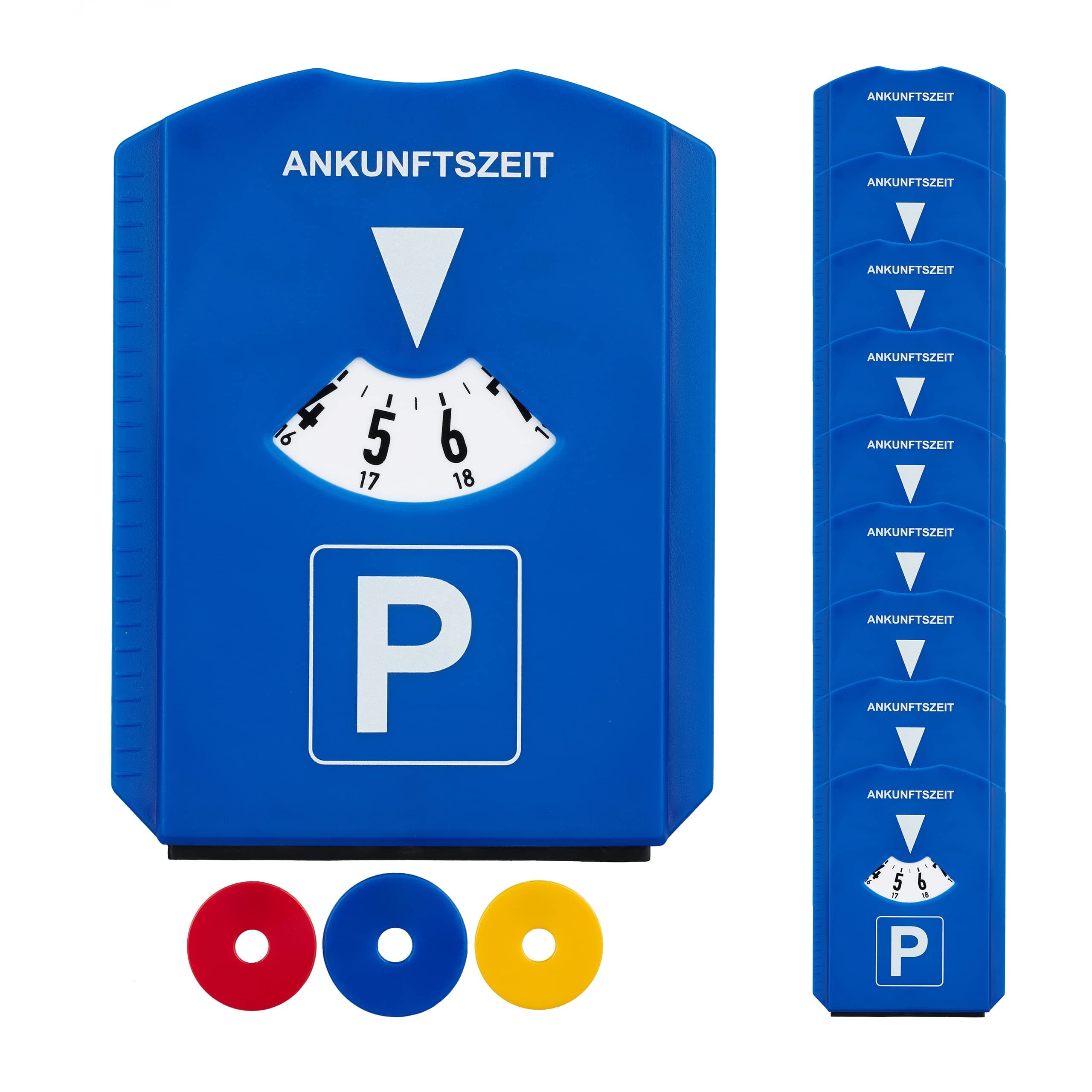Relaxdays Parkscheibe 10er Pack, Eiskratzer, 3 Einkaufswagenchips, Gummilippe, Parkuhr Auto, StVO, Kunststoff, blau