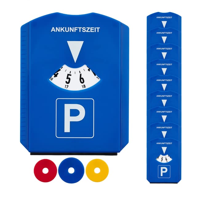 Relaxdays Parkscheibe 10er Pack, Eiskratzer, 3 Einkaufswagenchips, Gummilippe, Parkuhr Auto, StVO, Kunststoff, blau