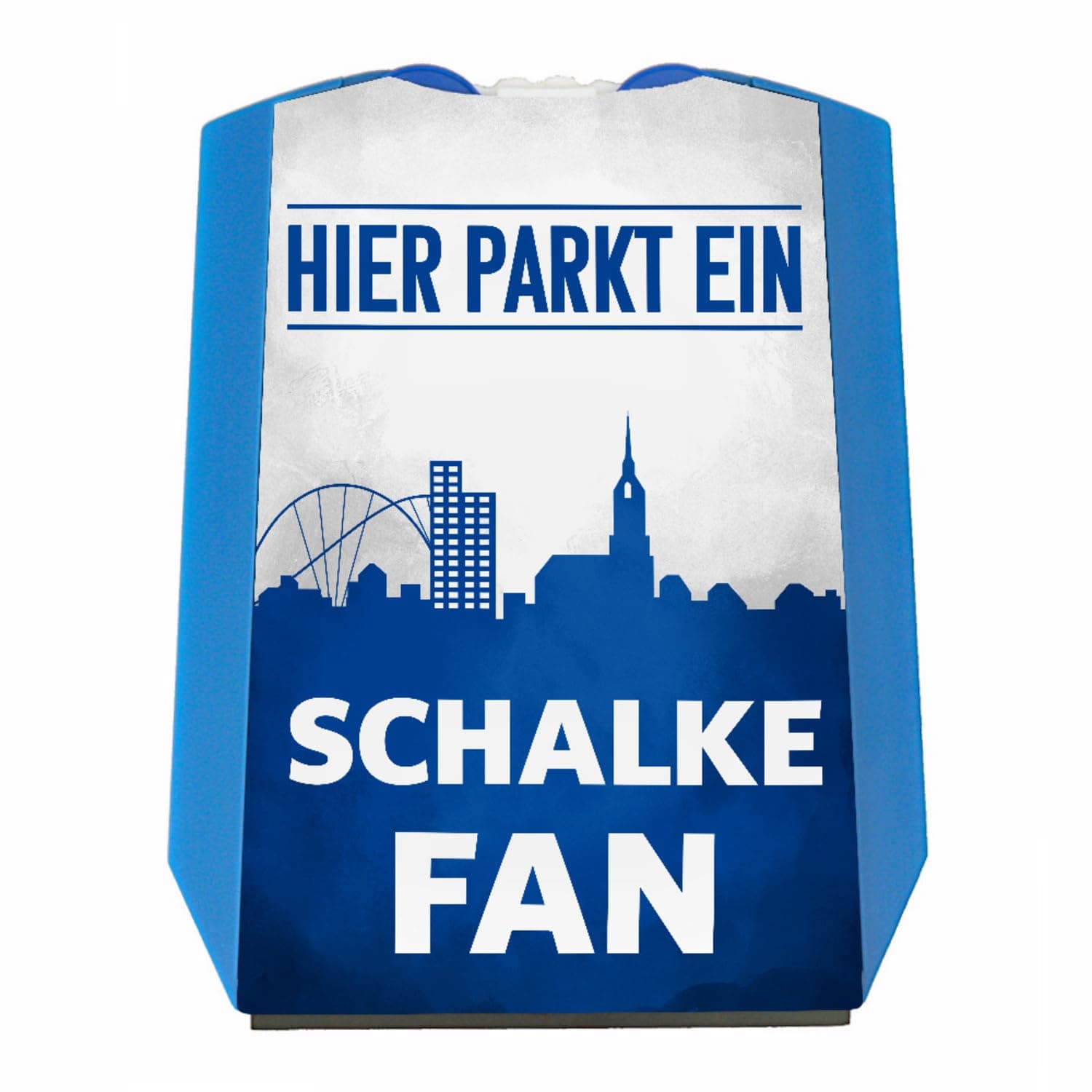 speecheese Hier parkt EIN Schalke Fan Parkscheibe in Vereinsfarben mit Zwei Einkaufswagenchips als Geschenk für Fußballfans die ihren Verein über Alles lieben und überall verfolgen