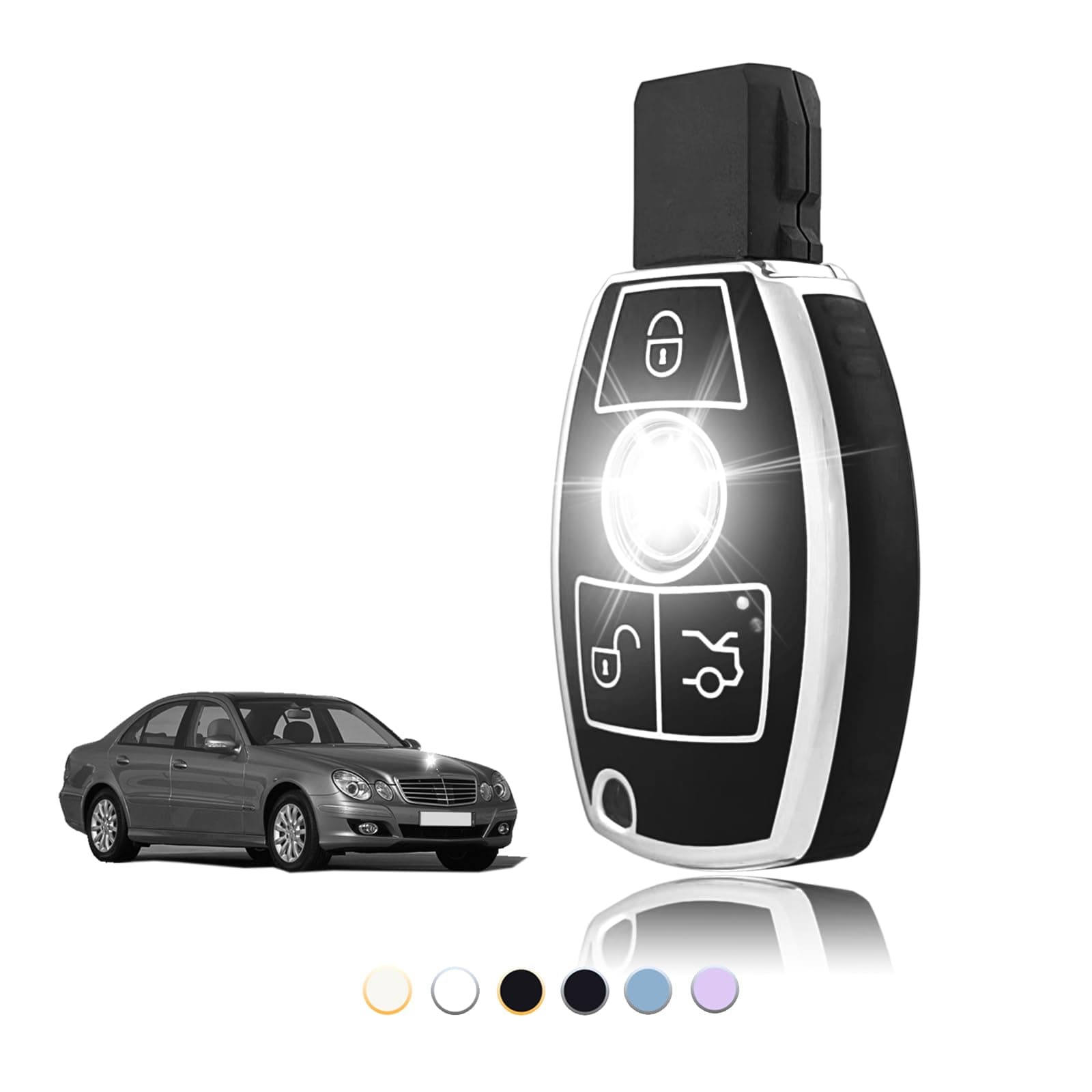 TOOMUME Schlüsselhülle TPU, Autoschlüssel Hülle Passt für Mercedes Benz A/B/C/E/G/R/S Klasse GLA GLC GLE GLK SLK CLA CLK CLS AMG W203 W204 W211 W212, Schlüsselcover Schutz Schlüsselgehäuse - Smart Key 3 Tasten Schwarz Silber