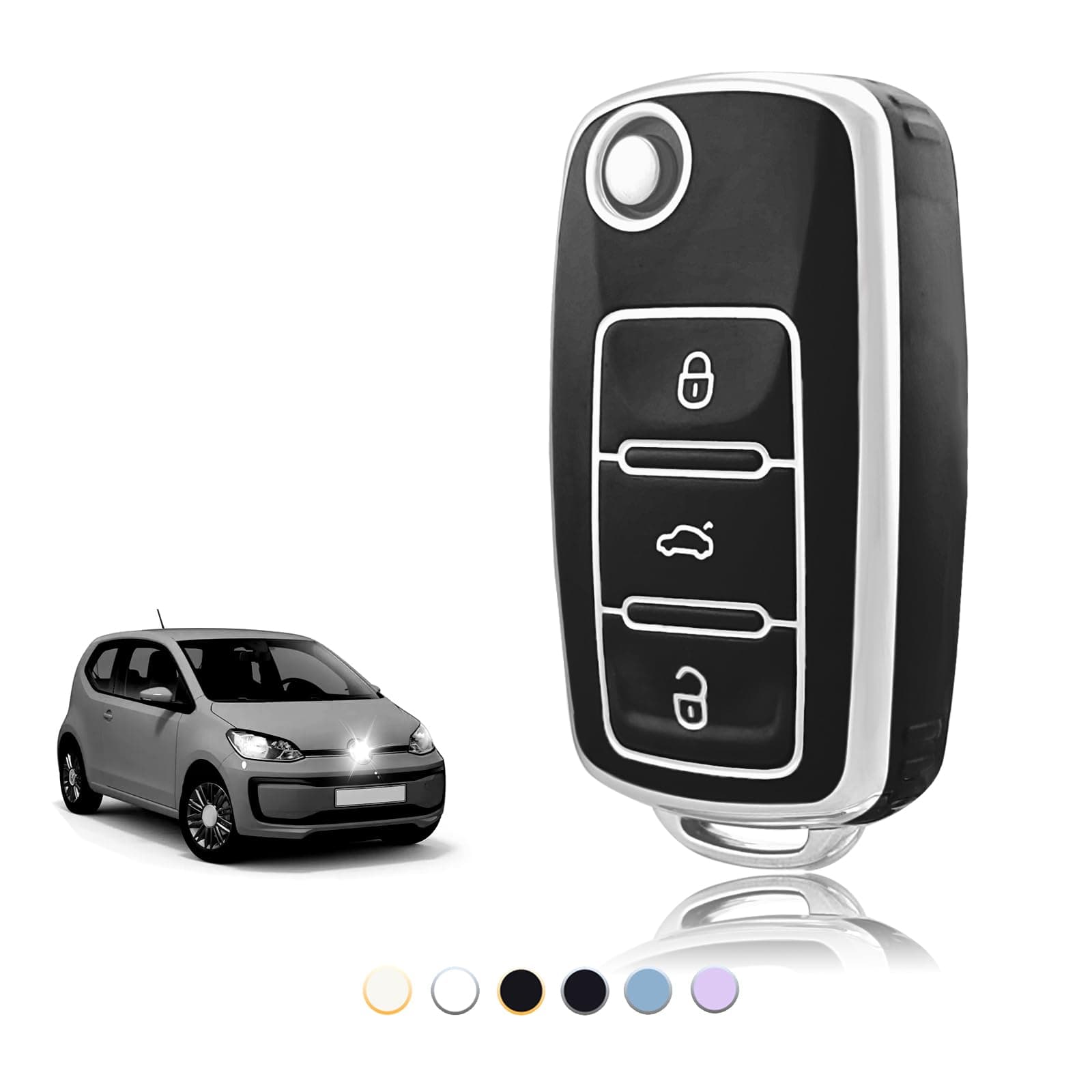 TOOMUME Schlüsselhülle TPU, Autoschlüssel Hülle Passt für VW Volkswagen Golf 4/5/6 Polo Up Jetta Caddy Beetle Multivan T5 Seat Ibiza Leon Skoda Fabia, Schlüsselcover Schutz Schlüsselgehäuse - Flip Key 3 Tasten Schwarz Silber