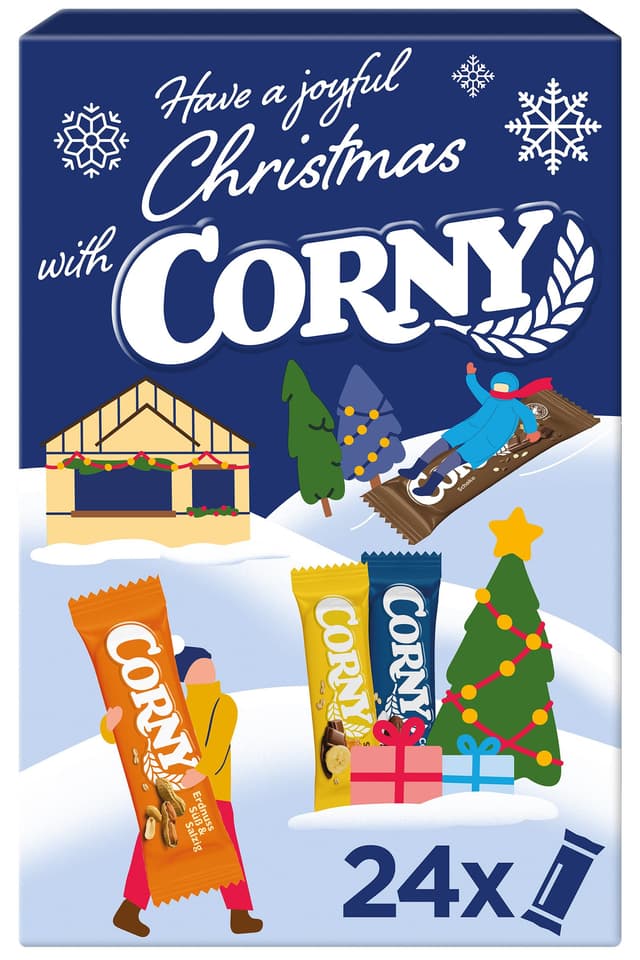 Corny Adventskalender 2025 | Weihnachtskalender mit 24 Müsliriegeln in verschiedenen Sorten | Bunte Snack Überraschung zum Advent | Süßes Geschenk für Weihnachten, Feiertage und Winterzeit