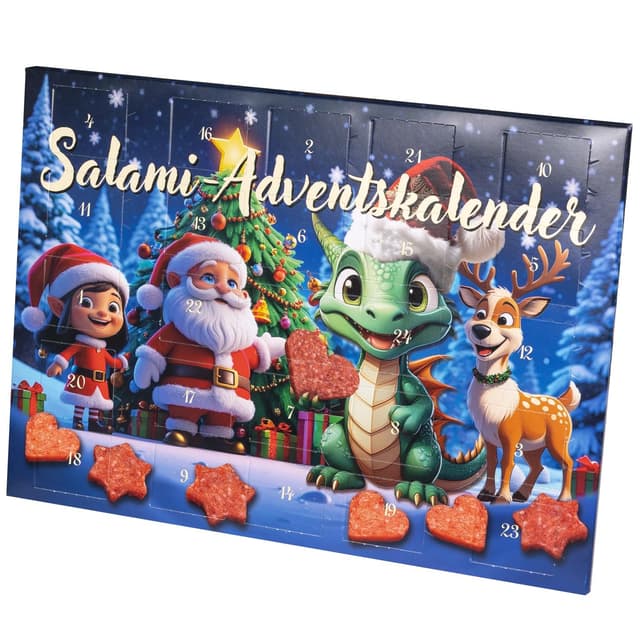 WURSTBARON® Draco Salami Adventskalender – 24 Mini Wurst Sterne und Herzen, Snacks und Leckereien für Kinder zu Weihnachten – hochwertige Qualität und rauchige Aromen, 40,8 g