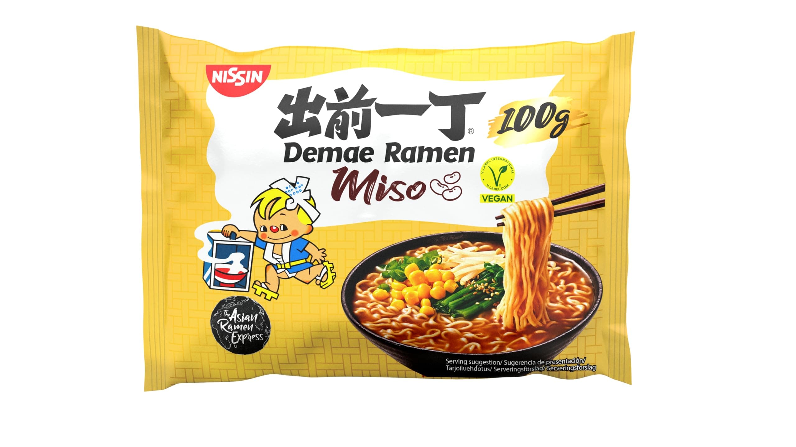 NISSIN Demae Ramen – Miso, 10er Pack, Instant-Nudeln japanischer Art, mit Miso-Geschmack und asiatischen Gewürzen, vegan, schnell und einfach zubereitet, asiatisches Essen (10 x 100 g) 100 g (10er Pack)