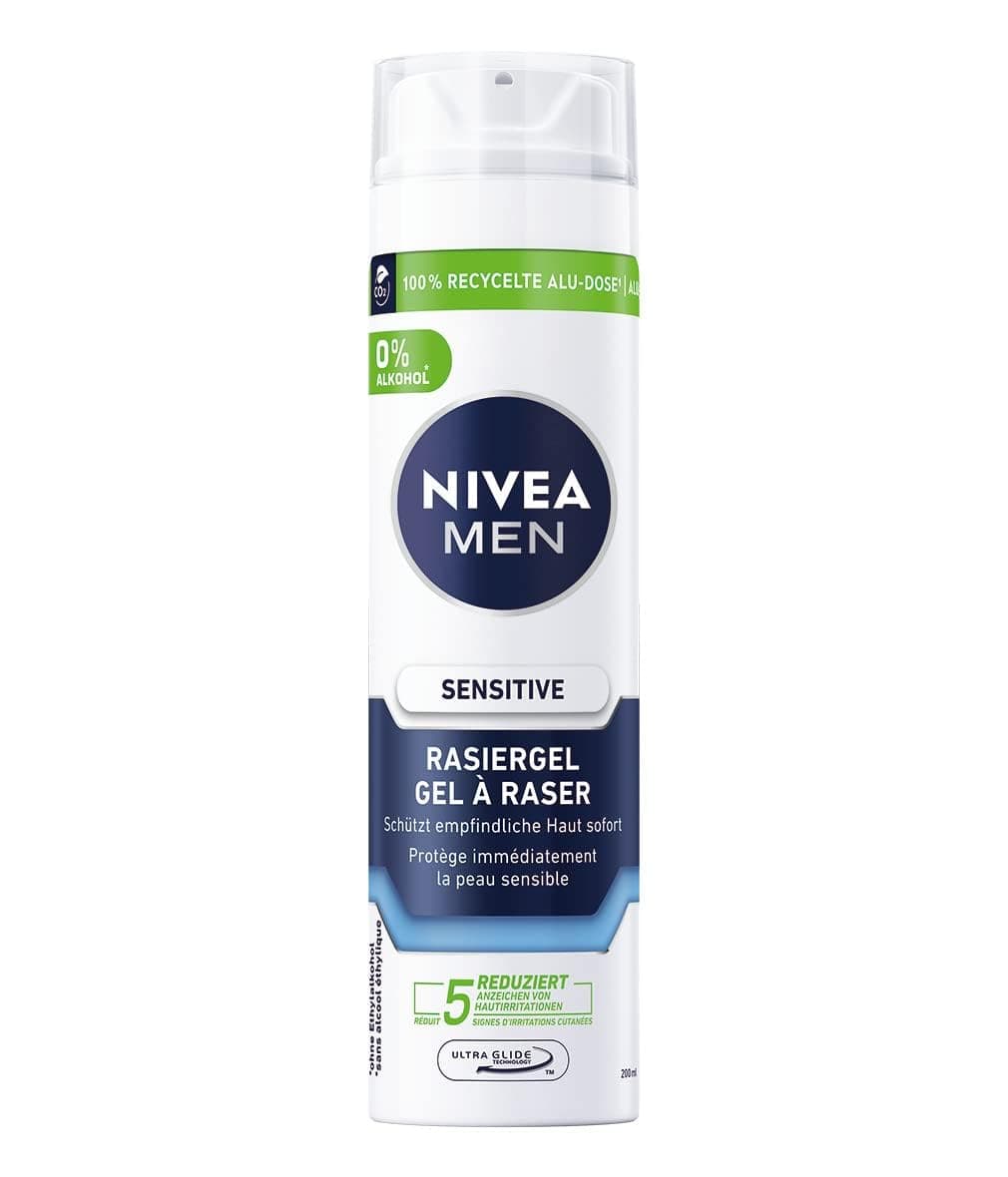 NIVEA MEN Sensitive Rasiergel für Männer (200 ml), Rasier Gel mit Kamille, Hamamelis und Vitamin E für eine sanfte Rasur, schützende Formel gegen Hautirritationen Recycelte Alu-Dose 200 ml (1er Pack)