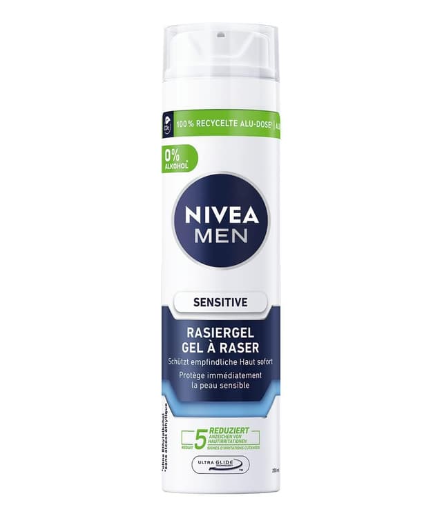 NIVEA MEN Sensitive Rasiergel für Männer (200 ml), Rasier Gel mit Kamille, Hamamelis und Vitamin E für eine sanfte Rasur, schützende Formel gegen Hautirritationen Recycelte Alu-Dose 200 ml (1er Pack)