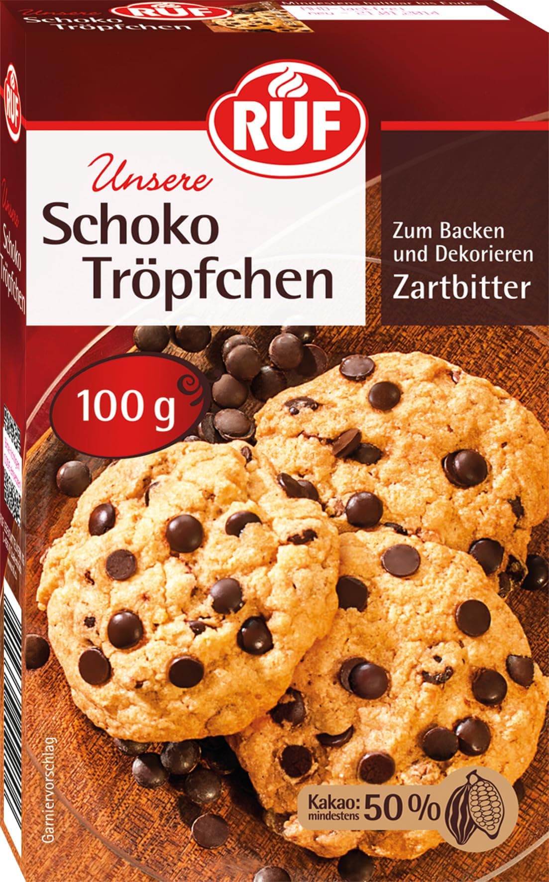 RUF Schoko-Tröpfchen Zartbitter, backfeste Schokoladen-Tropfen zum Backen & Dekorieren von Kuchen & Co., Topping für Porridge, glutenfrei & vegan 1er Pack